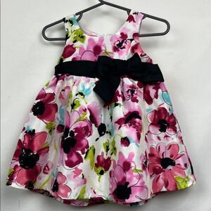 Pinky pink and white floral party dress with black bow size 12 months